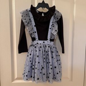 Pippa & Julie Blue Flocked Black Stars Mesh Jumper Dress 2-Pc Girls Size 4 NWT